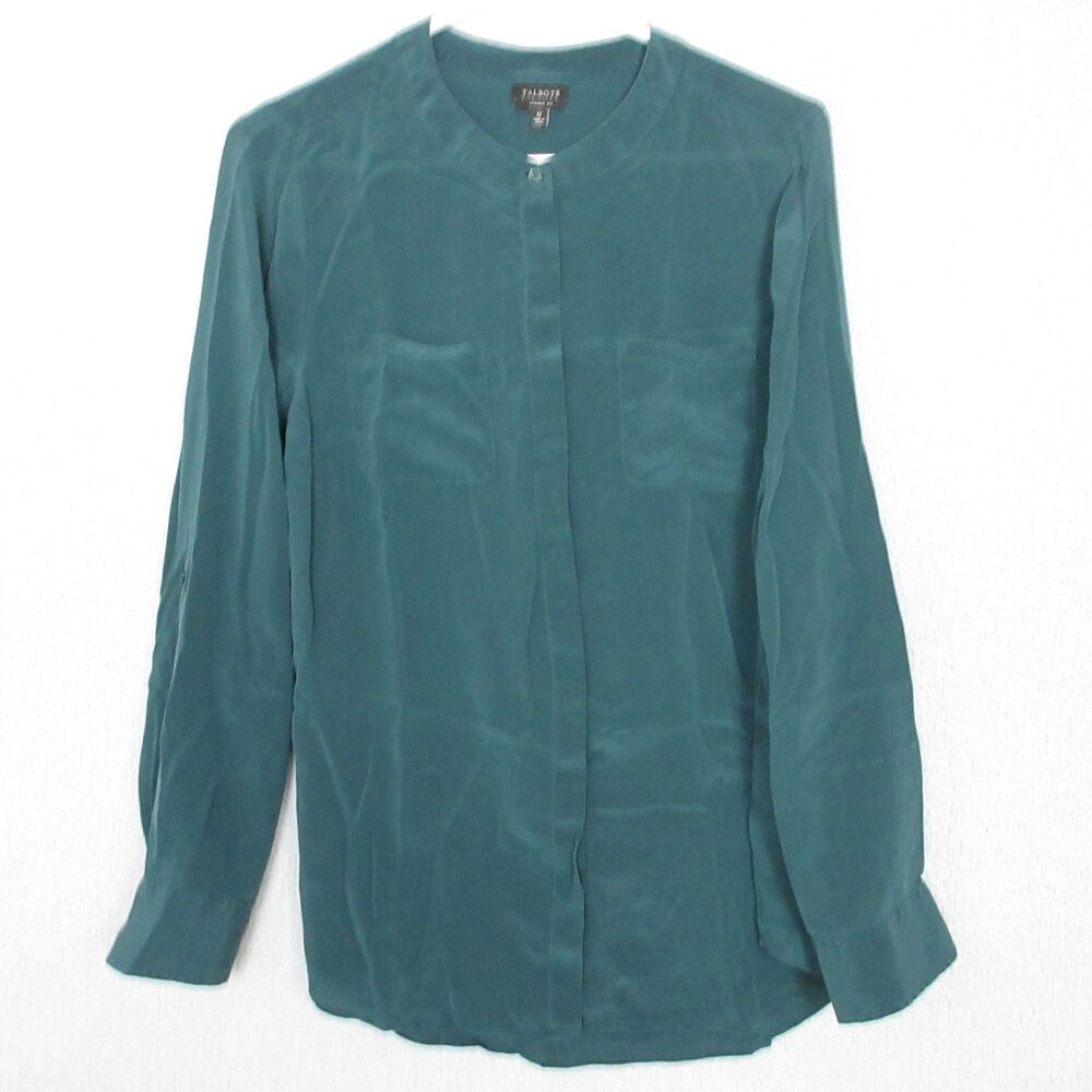 Talbots Blouse Womens 12 Washable‎ Silk Long Sleeve Teal Round Neck Button Front